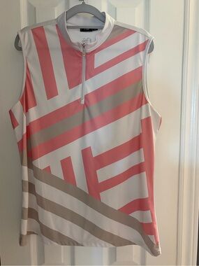 Northern Spirit Sleeveless Geometric Zip-Front Golf Shirt in Coral and Taupe